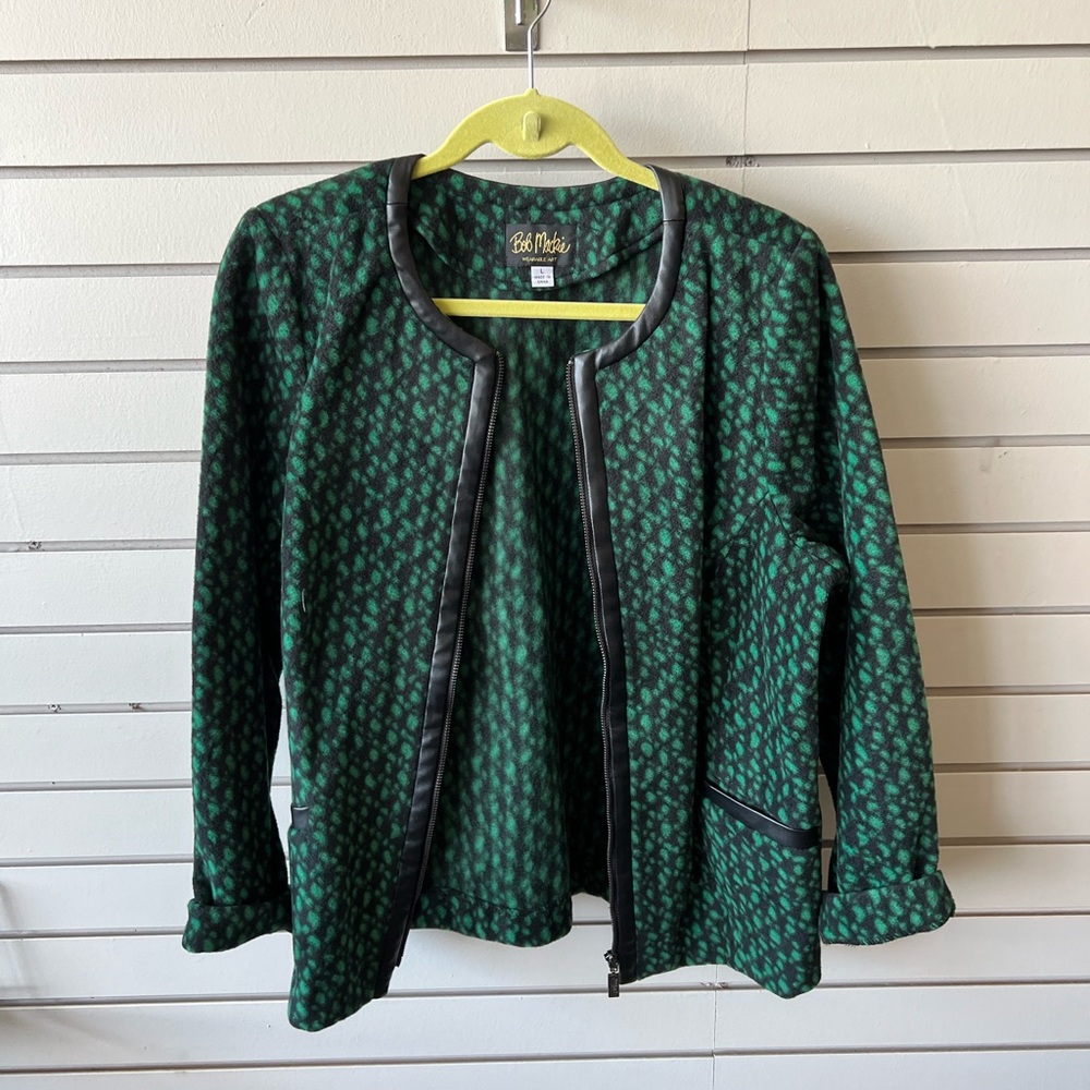 Bob Mackie Women’s Green & Black Print w/ Black Fringe Jacket. Size L. N…